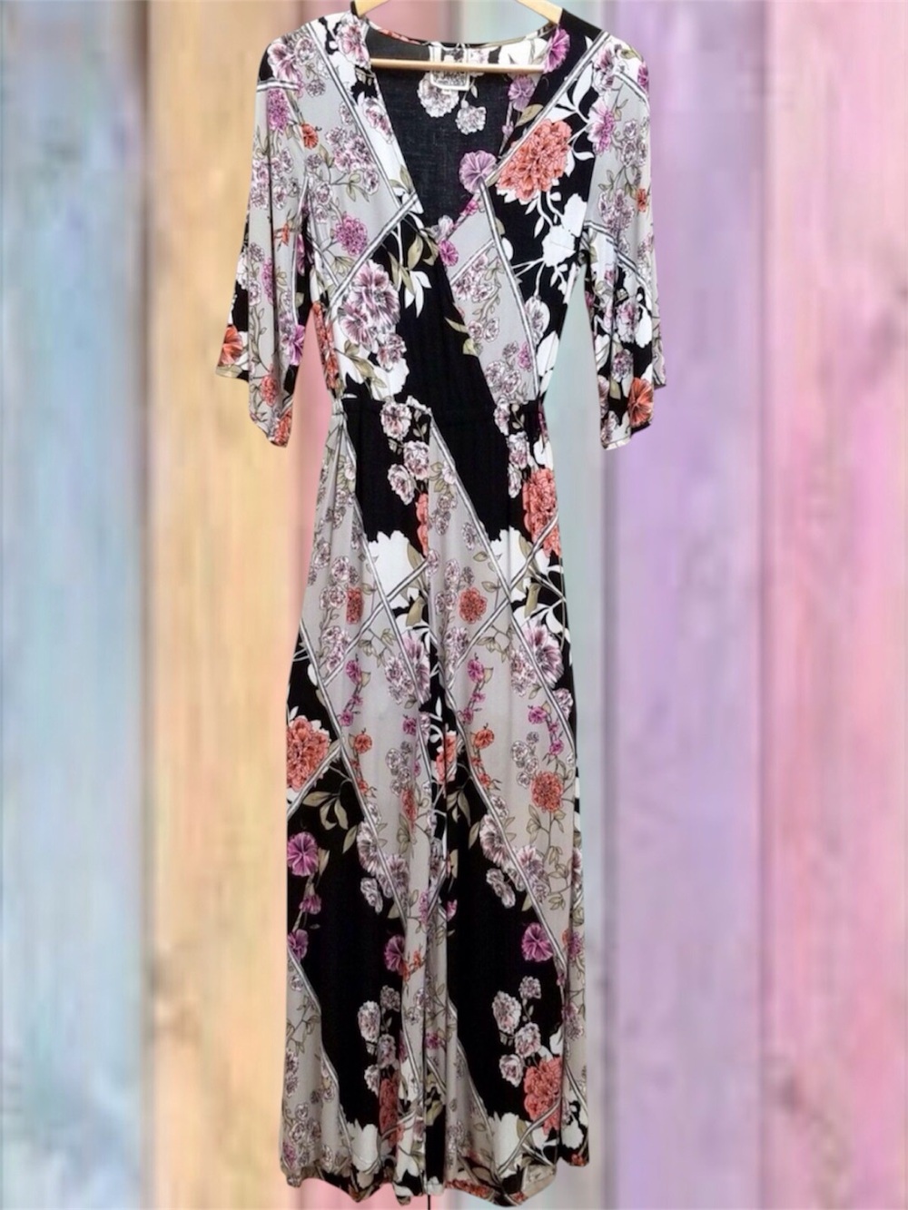 Jaase Black Floral Wide leg Deep V-neck Tie Waist Jumpsuit